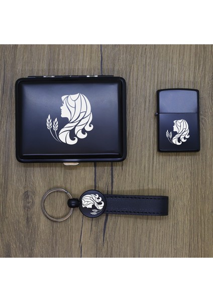 Kişiye Özel Başak Burcu Metal Tabaka, Zippo Çakmak ve Anahtarlık Seti