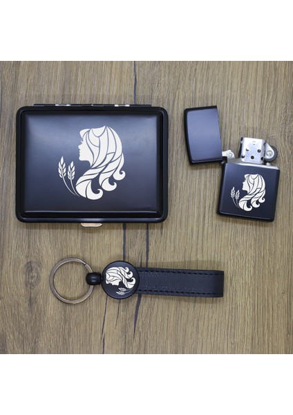 Kişiye Özel Başak Burcu Metal Tabaka, Zippo Çakmak ve Anahtarlık Seti