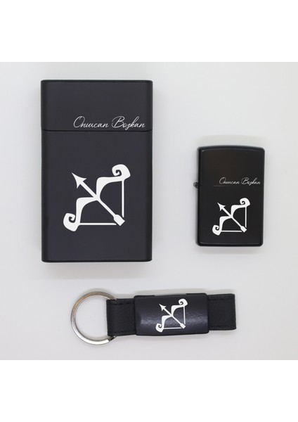 Kişiye Özel Yay Burcu Metal Sigara Kutusu, Zippo Çakmak ve Anahtarlık Seti