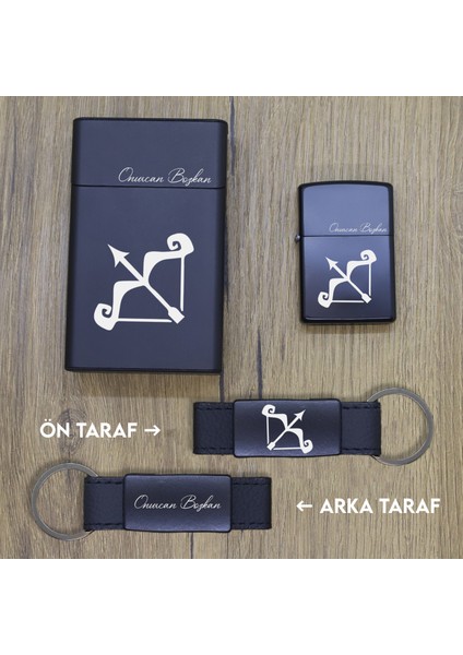 Kişiye Özel Yay Burcu Metal Sigara Kutusu, Zippo Çakmak ve Anahtarlık Seti