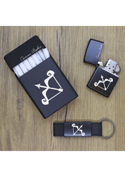 Kişiye Özel Yay Burcu Metal Sigara Kutusu, Zippo Çakmak ve Anahtarlık Seti