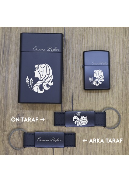 Kişiye Özel Başak Burcu Metal Sigara Kutusu, Zippo Çakmak ve Anahtarlık Seti