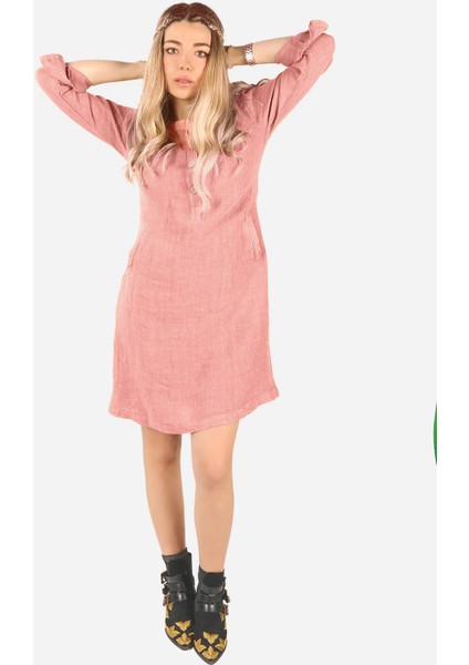 Keten Midi Elbise Pembe