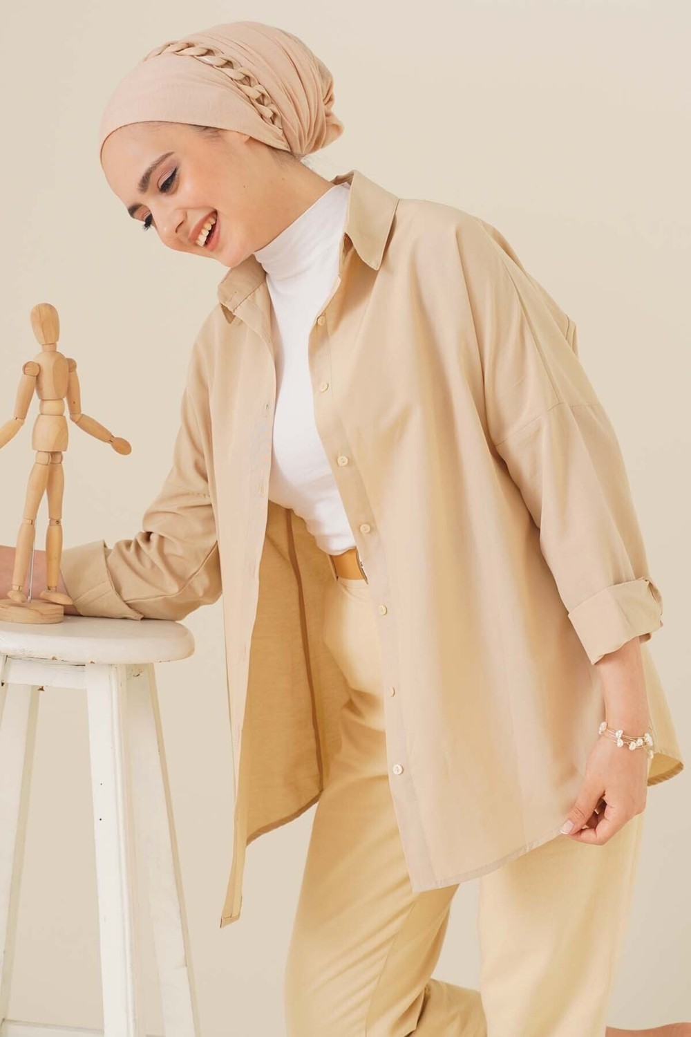 Bigdart 103901 Oversize Basic Tesettür Gömlek - Beyaz görsel 5