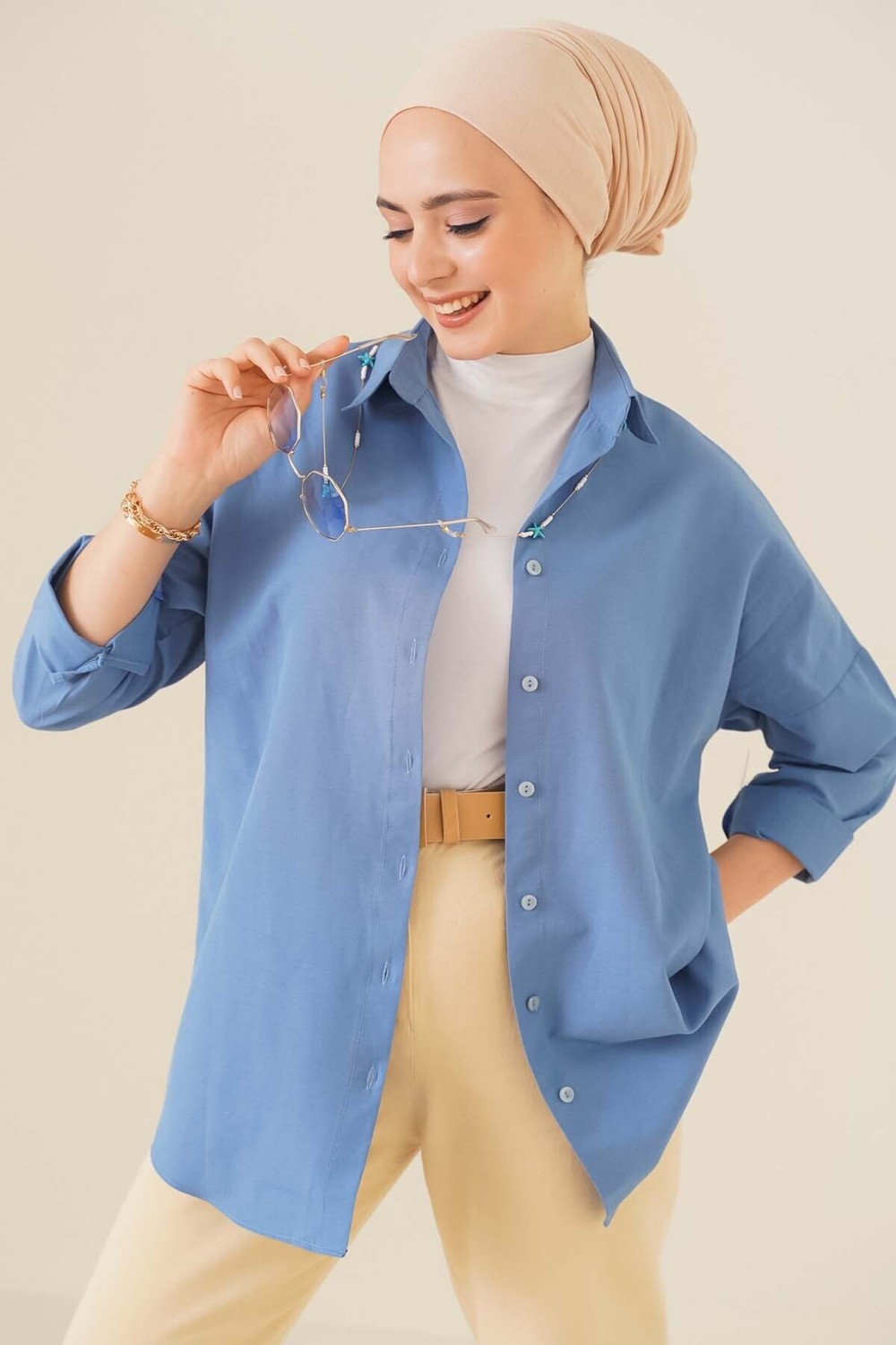 Bigdart 103901 Oversize Basic Tesettür Gömlek - Beyaz görsel 6
