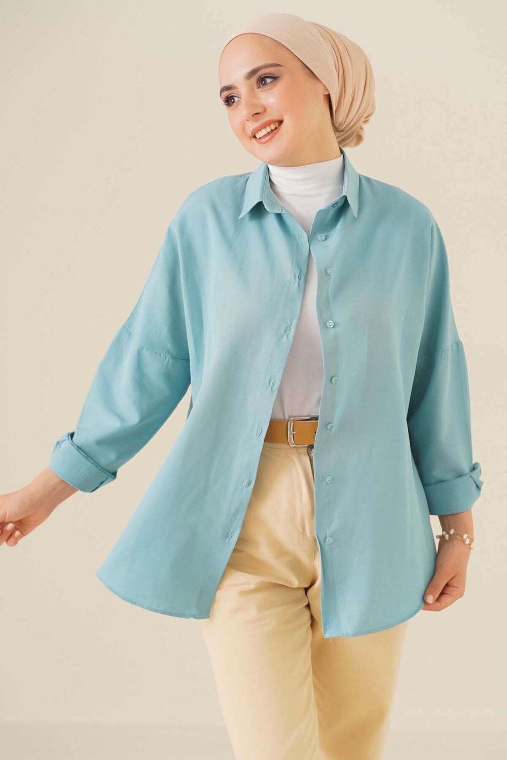 Bigdart 103901 Oversize Basic Tesettür Gömlek - Beyaz görsel 7