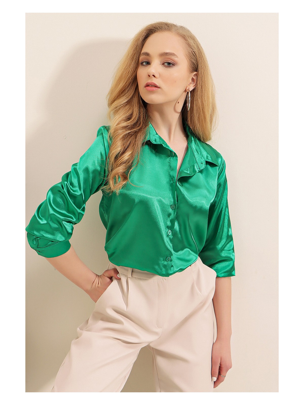 Bigdart 3964 Hafif Dökümlü Saten Gömlek - Yeşil