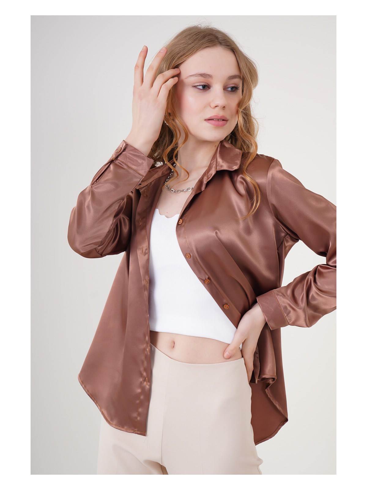 Bigdart 3964 Hafif Dökümlü Saten Gömlek - Taba