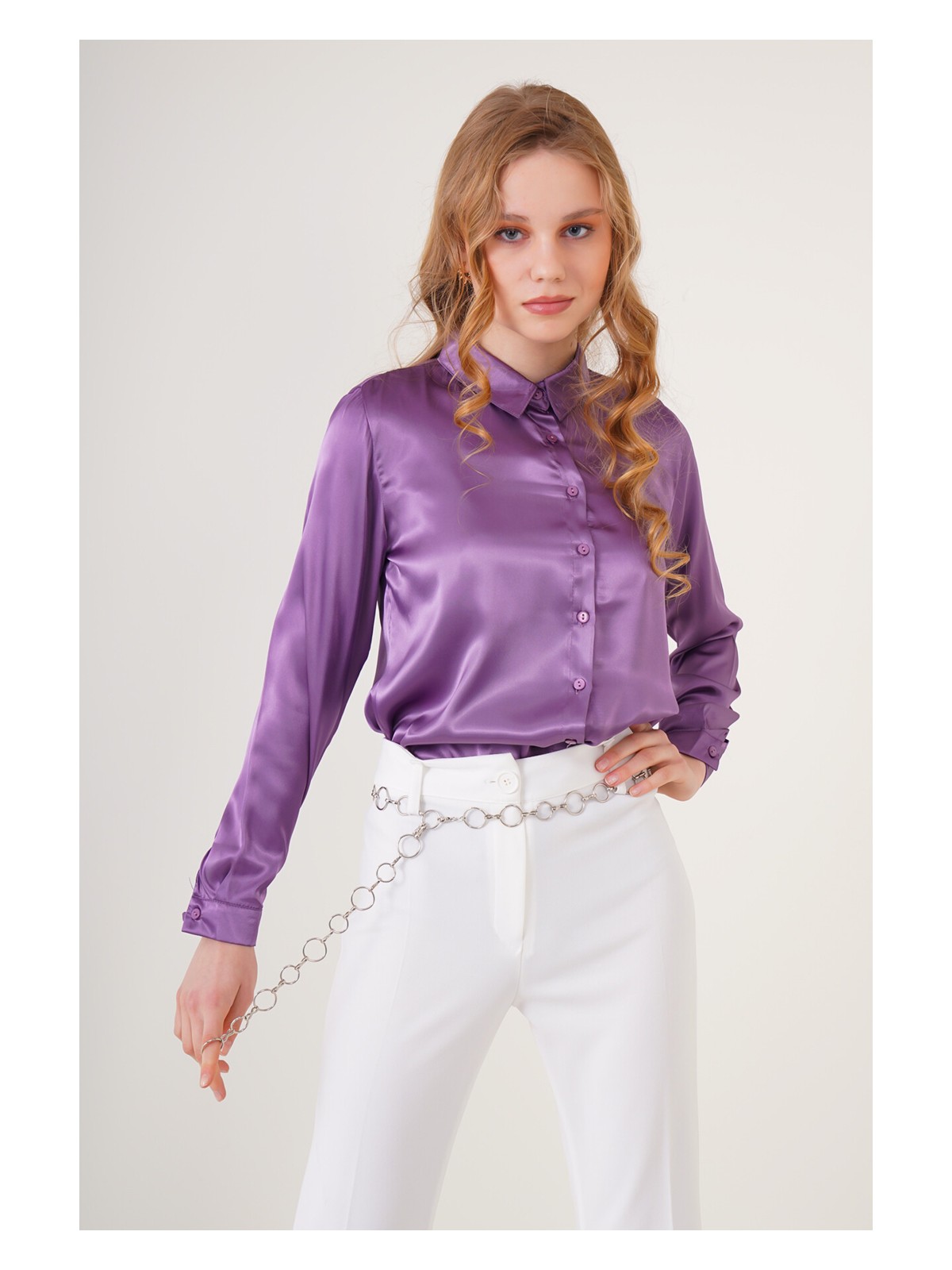 Bigdart 3964 Hafif Dökümlü Saten Gömlek - Mor