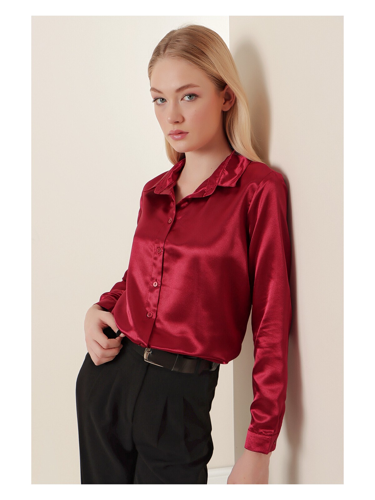 Bigdart 3964 Hafif Dökümlü Saten Gömlek - Mürdüm