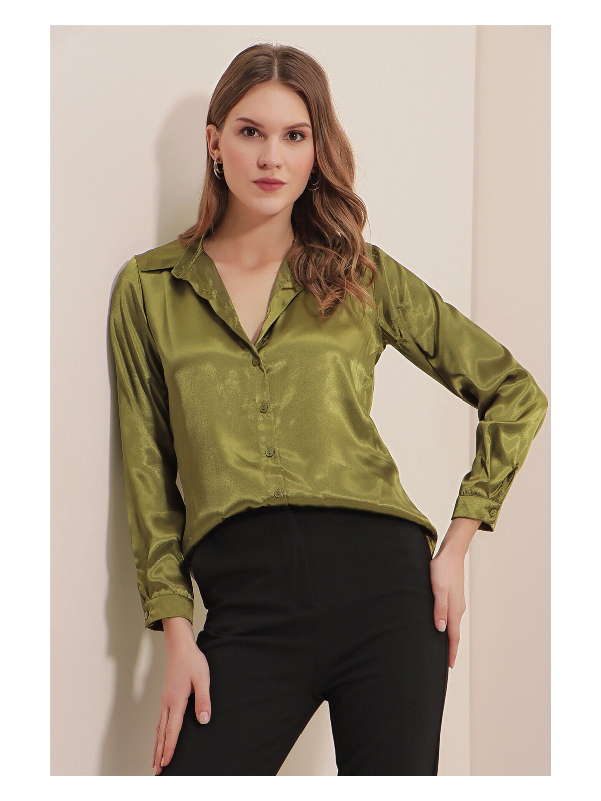 Bigdart 3964 Hafif Dökümlü Saten Gömlek - Y.haki