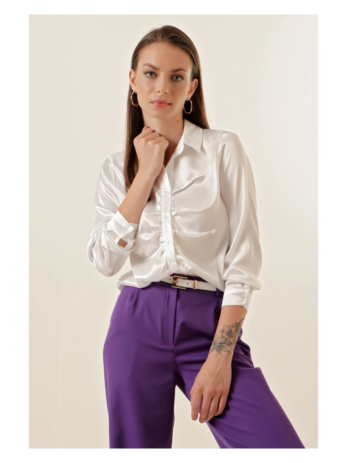 Bigdart 20112 Büzgülü Saten Gömlek - Beyaz