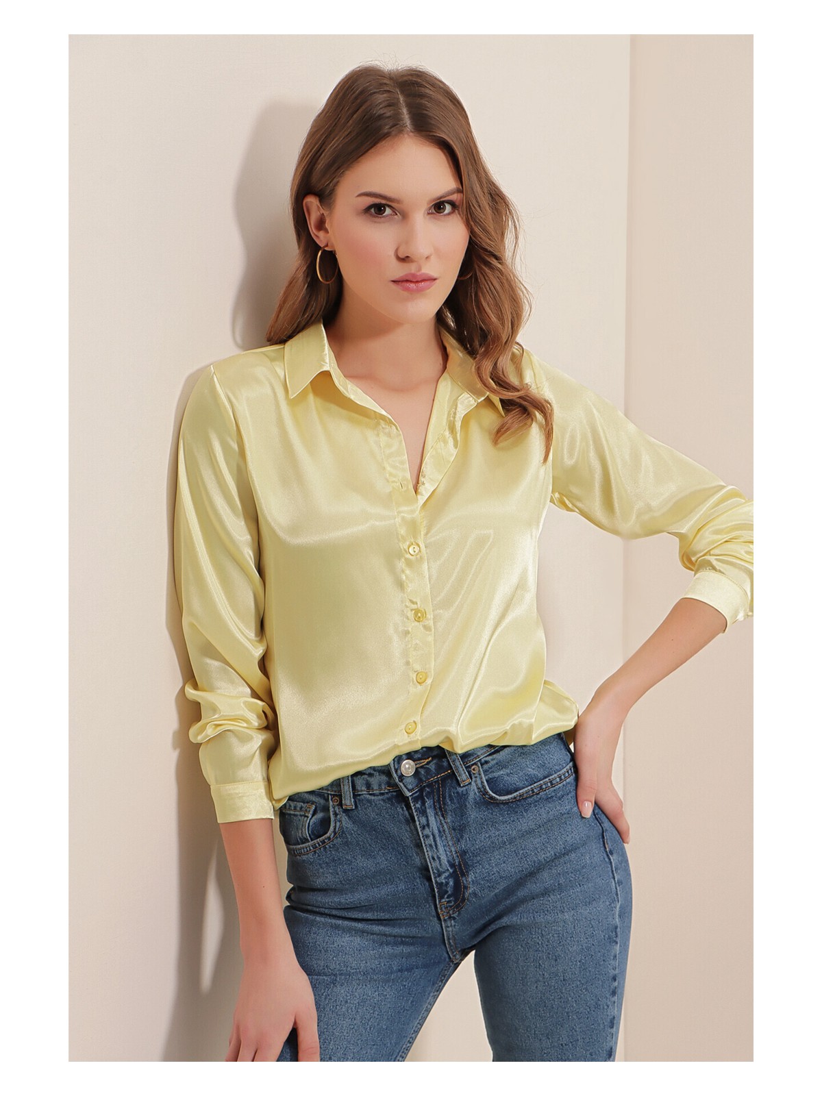 Bigdart 3964 Hafif Dökümlü Saten Gömlek - B.sarı