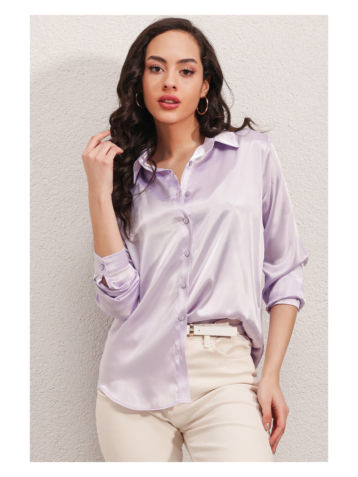 Bigdart 3964 Hafif Dökümlü Saten Gömlek - B.lila