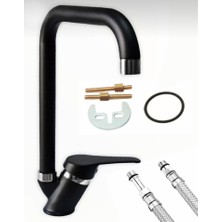 Bra Bucca Köşe Borulu Siyah Krom Mutfak Eviye Musluğu Çeşmesi Bataryası Sıcak Soğuk Çift Su Girişli