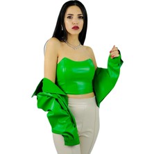 Sentt Deri Askısız Straplez Crop Top Yeşil