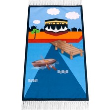 İhvan Online Dijital Baskılı Çocuk Seccadesi - Kayıklı Kabeli Mavi Renk - 44 x 78 cm