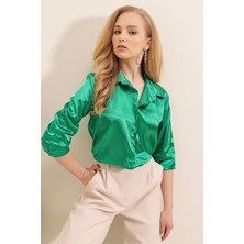 Bigdart 3964 Hafif Dökümlü Saten Gömlek - Yeşil