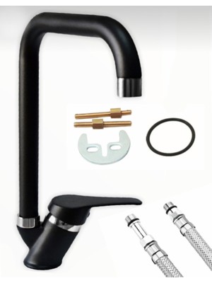 Bra Bucca Köşe Borulu Siyah Krom Mutfak Eviye Musluğu Çeşmesi Bataryası Sıcak Soğuk Çift Su Girişli