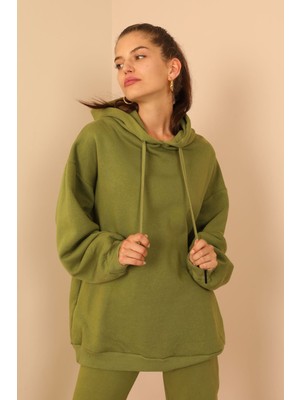 Kaktüs Üç İplik Kumaş Uzun Kol Oversize Kadın Sweatshirt