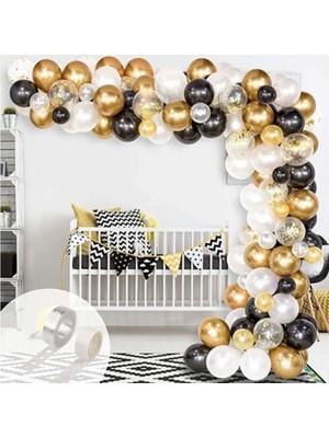 Hayaller Dükkanı Siyah Beyaz Gold Konfetili Balon Zincir Seti