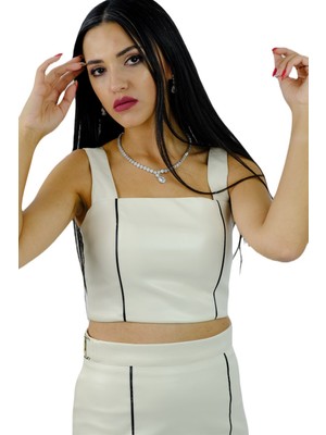 Sentt Deri Şeritli Askılı Crop Top Krem