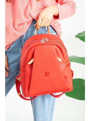 Impolo Vanessa Kırmızı Kamel Kadın Sırt Çantası 25X30 Ebatında