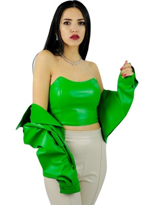 Sentt Deri Askısız Straplez Crop Top Yeşil