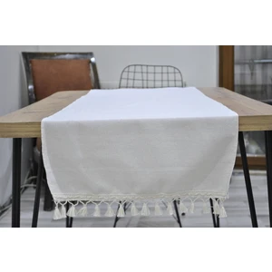 NDC Home Özel Tasarım  Ham Keten Krem Ponponlu Runner  Masa Örtüsü 45 x 150