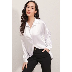 3985 Oversize Saten Gömlek - Beyaz