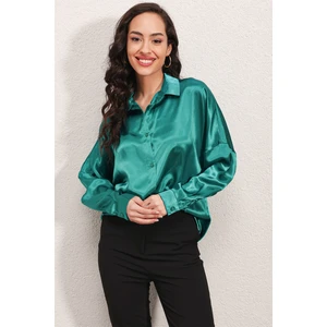3985 Oversize Saten Gömlek - A.yeşil