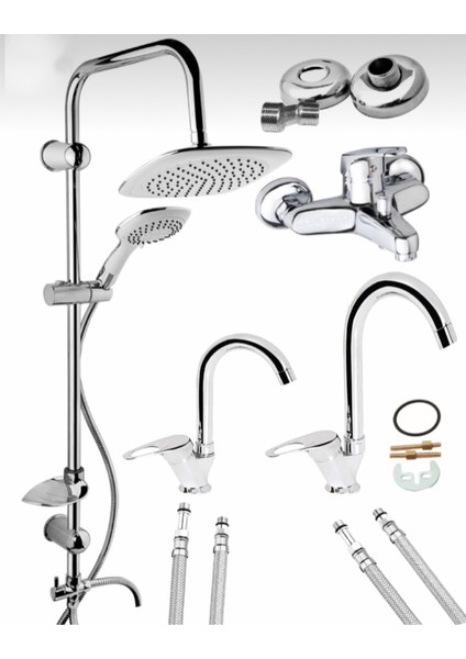 4’lü Set Banyo Bataryası, Mutfak Bataryası, Lavabo Bataryası ve Robot Duş Seti Baston Borulu 4 Set