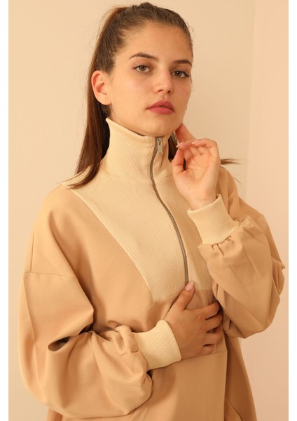 Atlas Kumaş Fermuarlı Yaka Kadın Sweatshirt fırsatları