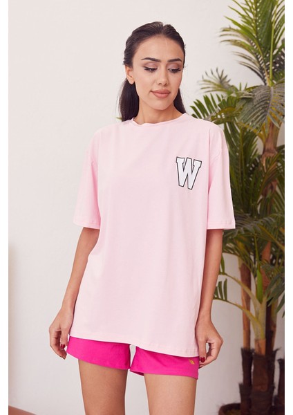 W Baskılı T-Shirt-Pembe