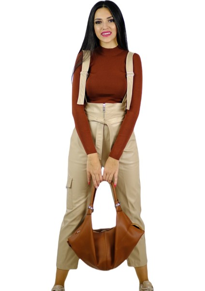Yarım Balıkçı Triko Crop Kahverengi