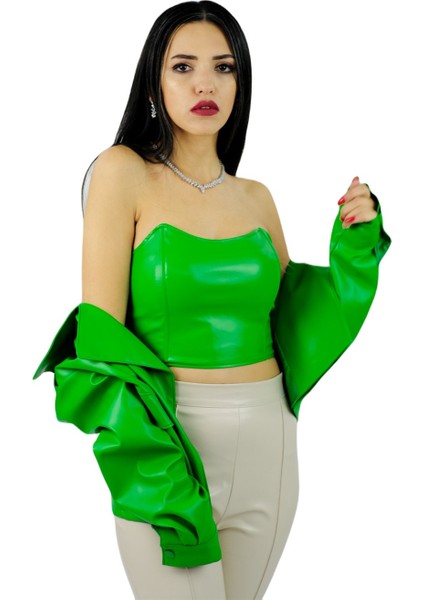 Deri Askısız Straplez Crop Top Yeşil