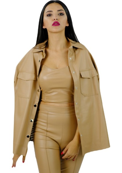 Deri Kontrast Cep Detaylı Gömlek Kahverengi indirimleri