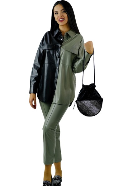 Deri Iki Renkli Kontrast Gömlek Siyah-Yeşil fiyatları