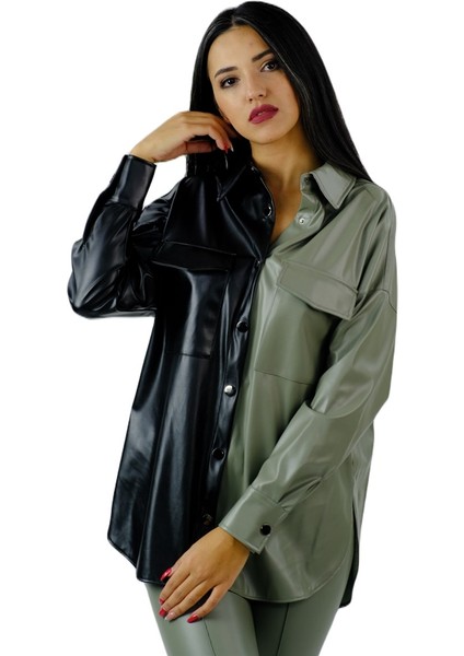 Deri Iki Renkli Kontrast Gömlek Siyah-Yeşil fırsatları