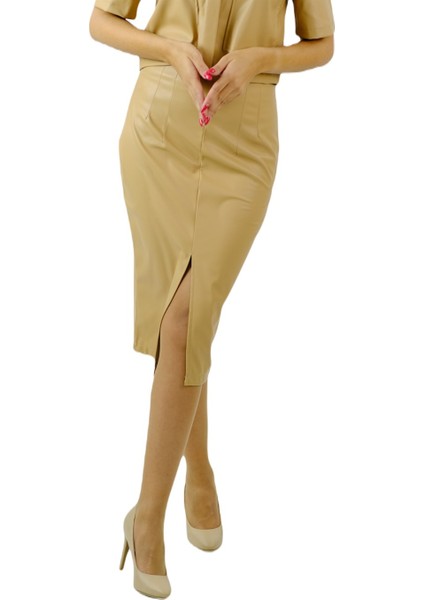 Deri Önden Yırtmaçlı Etek Camel modelleri