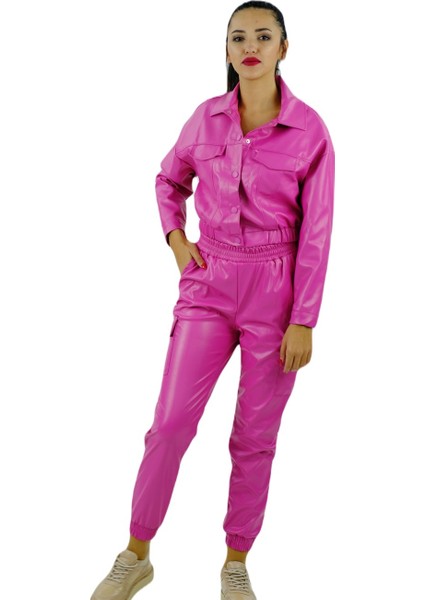 Deri Büzgü Detaylı Ceket Pembe