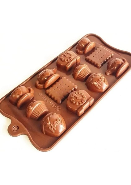 Çay Saati Desenli Silikon Çikolata, Kek , Muffin, Dondurma Kalıbı 12'Li