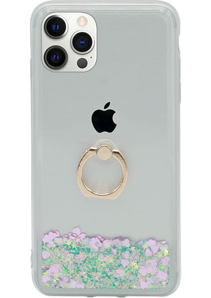 iPhone 14 Pro Simli Pullu Sulu Yüzüklü Standlı Silikon Milce Kapak Lüks Tpu