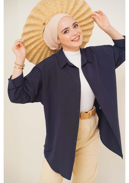 103901 Oversize Basic Tesettür Gömlek - Lacivert