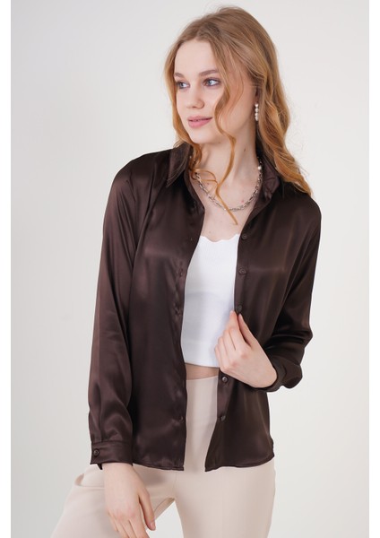 3964 Hafif Dökümlü Saten Gömlek - Kahverengi