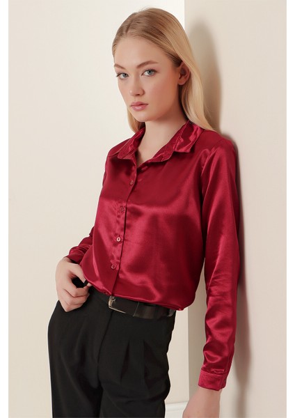 3964 Hafif Dökümlü Saten Gömlek - Mürdüm