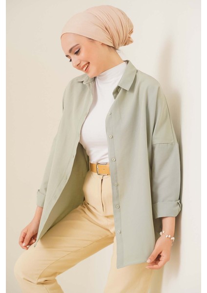 103901 Oversize Basic Tesettür Gömlek - A.haki