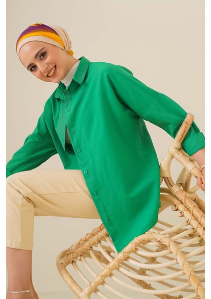 103901 Oversize Basic Tesettür Gömlek - Yeşil