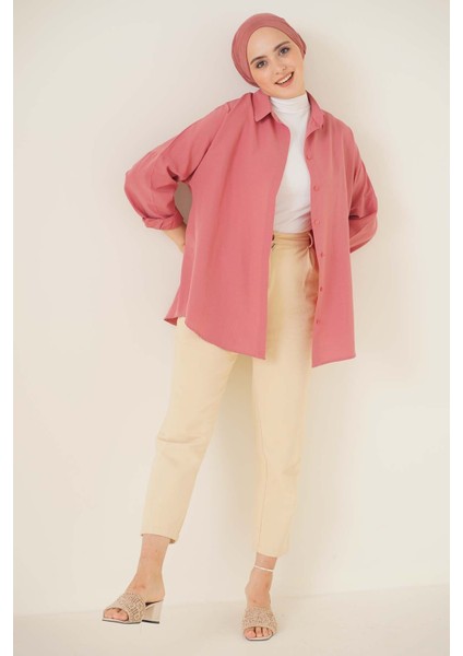 103901 Oversize Basic Tesettür Gömlek - Gül Kurusu
