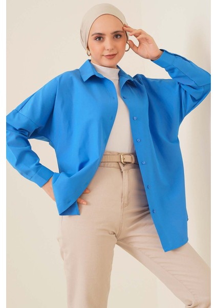 103901 Oversize Basic Tesettür Gömlek - Saks